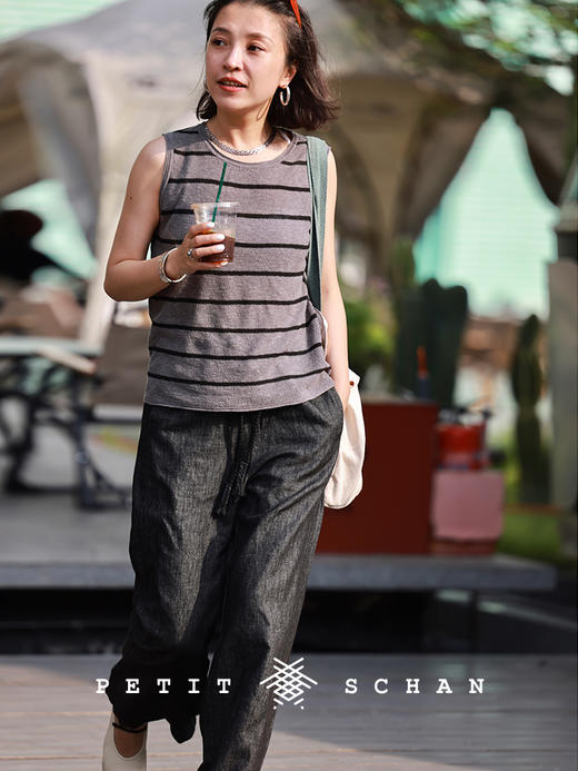 PETIT SCHAN小闪 CLO#497 black humor 黑色幽默 四季款土耳其进口棉麻牛仔文艺抽绳直筒裤 商品图3