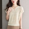 冰丝V领短袖t恤，洋气减龄上衣蕾丝薄款针织衫CC-16-6899 商品缩略图0