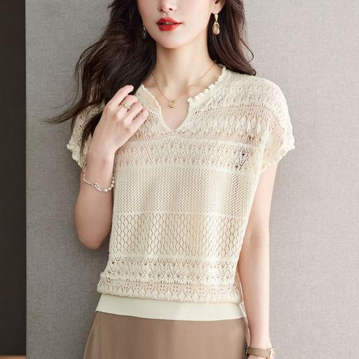 冰丝V领短袖t恤，洋气减龄上衣蕾丝薄款针织衫CC-16-6899 商品图0