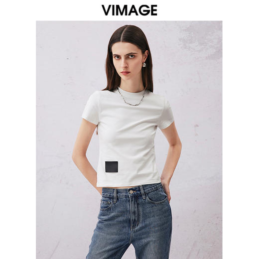 VIMAGE纬漫纪2024夏季新款舒适棉感白色圆领T恤上衣V2102715 商品图0