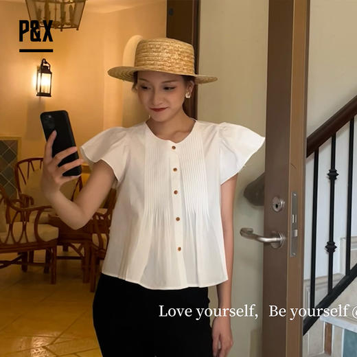 P&X设计师女装夏季褶皱荷叶边法式小众衬衫 824205282 白色 商品图2