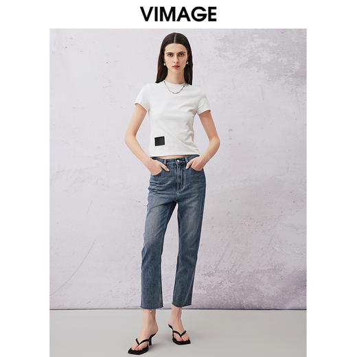 VIMAGE纬漫纪2024夏季新款舒适棉感白色圆领T恤上衣V2102715 商品图1