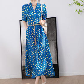 【预售7天】蓝色波点连衣裙女夏薄款气质收腰显瘦V领系带印花长裙子ZBN0052