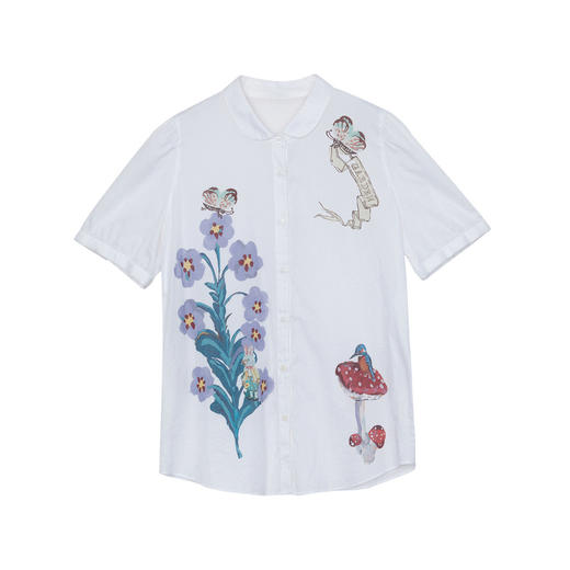 谜底纯棉印花衬衫女2024年夏款复古文艺风百搭衬衣短袖242MC0606 商品图4