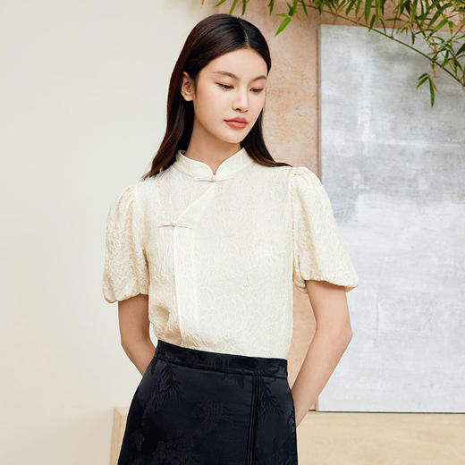 玳莎中式提花桑蚕丝上衣2024夏季新款优雅气质泡泡袖小立领小衫  EB31109 商品图0