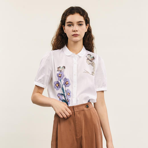 谜底纯棉印花衬衫女2024年夏款复古文艺风百搭衬衣短袖242MC0606 商品图0