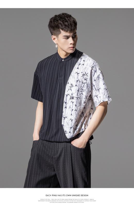 PINLI品立2024夏季新款中国风拼接短袖T恤国潮印花竹叶立领男上衣B242111077 商品图7