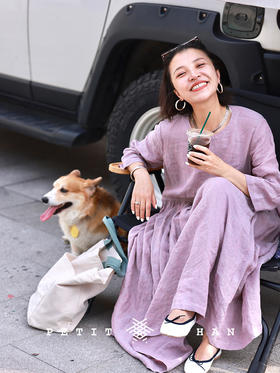 迎春花 亚麻汉麻A字文艺碎褶中袖连衣裙