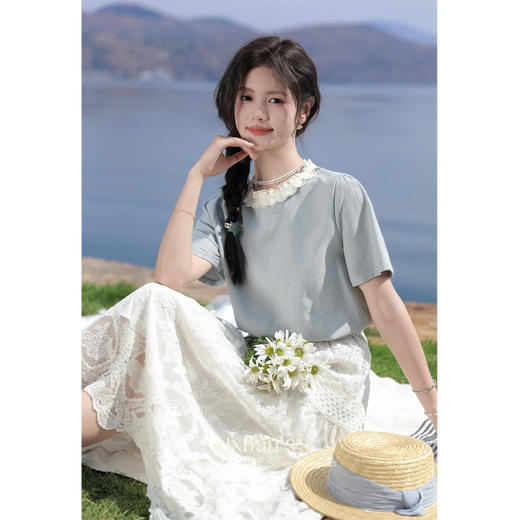 鹿向南「清新蓝语」圆领正肩休闲T恤2025夏季新款通勤短袖上衣女 商品图3