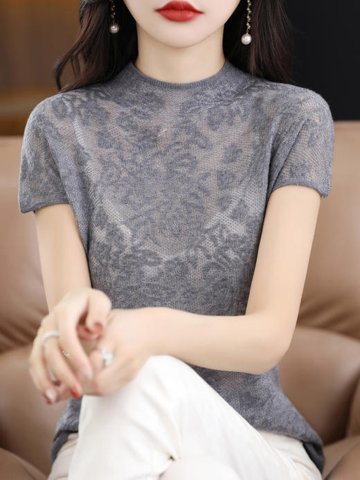 雀说 夏季蕾丝羊毛精纺针织体恤短袖女款镂空宽松打底上衣4ZF-2997 商品图1