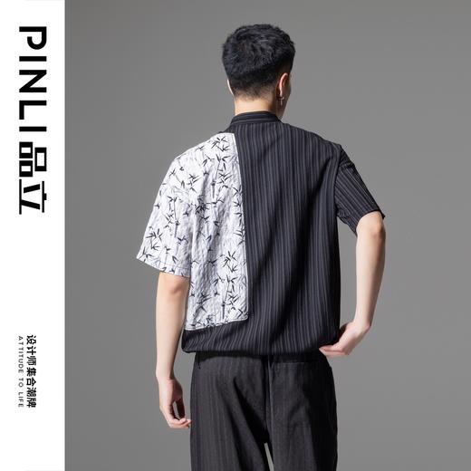 PINLI品立2024夏季新款中国风拼接短袖T恤国潮印花竹叶立领男上衣B242111077 商品图3