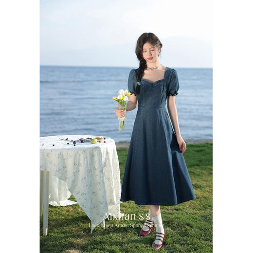 鹿向南「海盐白沙」法式v领牛仔连衣裙女夏季新款复古中长裙L36626 商品图2