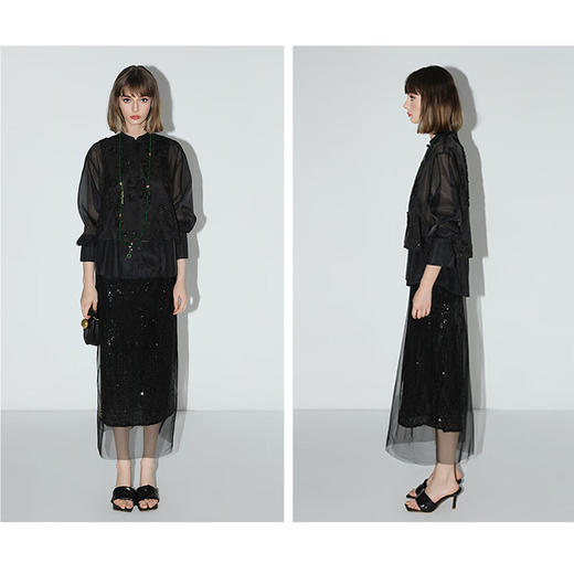 【限时秒杀】COCOBELLA奢感优雅亮片网纱半身裙女夏名媛风包臀长裙HS0021C 商品图3