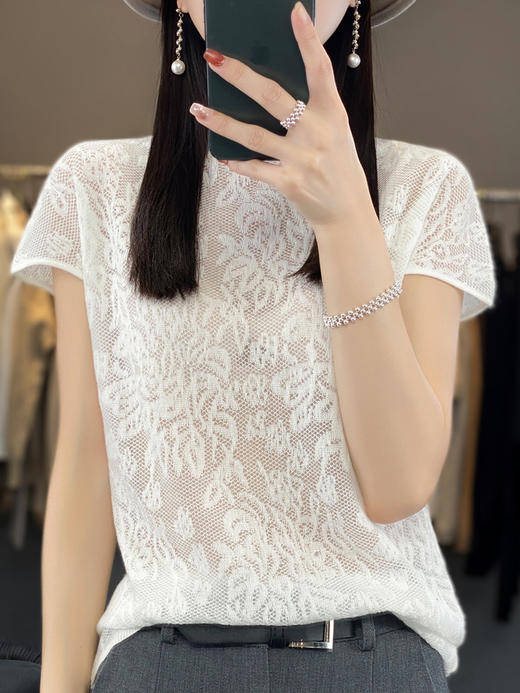 雀说 夏季蕾丝羊毛精纺针织体恤短袖女款镂空宽松打底上衣4ZF-2997 商品图2
