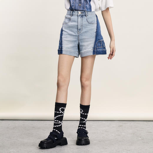 谜底A型短裤女2024年夏季新品复古风高腰百搭拼色牛仔裤242MK0588 商品图1