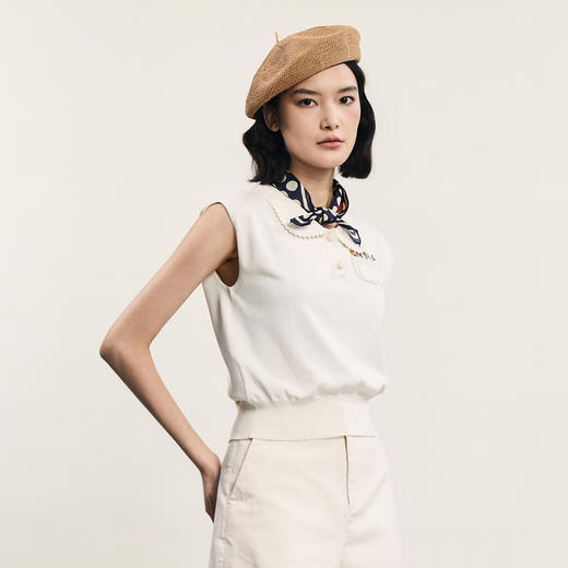 谜底套头针织衫无袖女2024年夏季新品复古优雅翻领上衣242MZ0878 商品图1