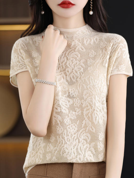 雀说 夏季蕾丝羊毛精纺针织体恤短袖女款镂空宽松打底上衣4ZF-2997 商品图0