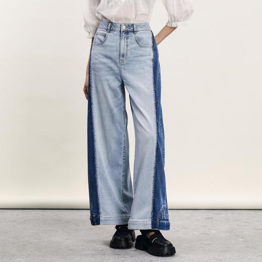 谜底牛仔阔腿裤女2024年夏季新品复古风设计感拼色长裤242MK0589 商品图0