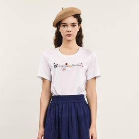 谜底圆领T恤短袖女2024年夏季新品简约百搭串珠绣花上衣242MT0563