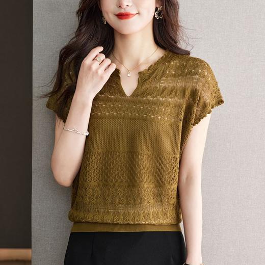 冰丝V领短袖t恤，洋气减龄上衣蕾丝薄款针织衫CC-16-6899 商品图3