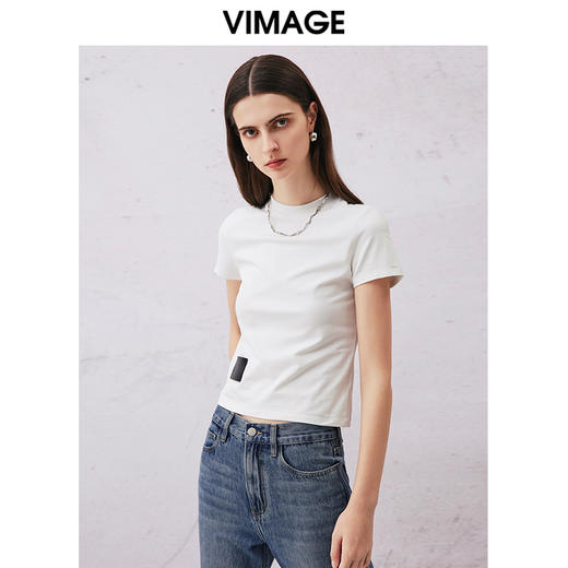 VIMAGE纬漫纪2024夏季新款舒适棉感白色圆领T恤上衣V2102715 商品图2