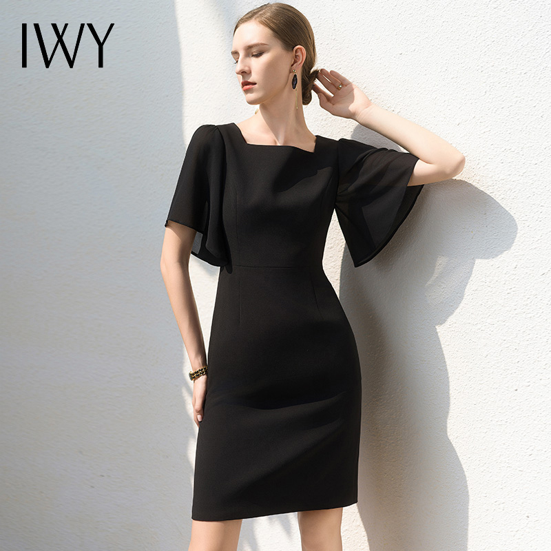 IWY/优雅法式减龄大方领西装裙夏季黑色职业泡泡纱短袖连衣裙Q1102