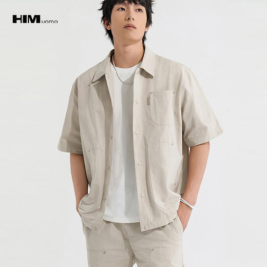 HIM漢崇  简约口袋宽松短袖衬衫设计感工装休闲衬衣男 2026春季 商品图0
