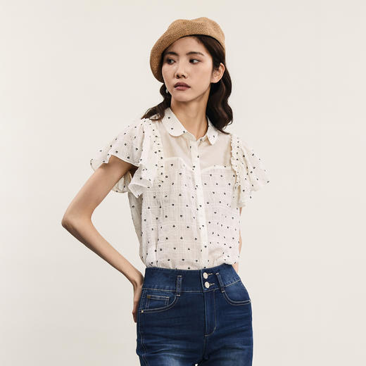 谜底衬衫短袖女2024夏季新品复古文艺风提花荷叶边衬衣242MC0670 商品图1