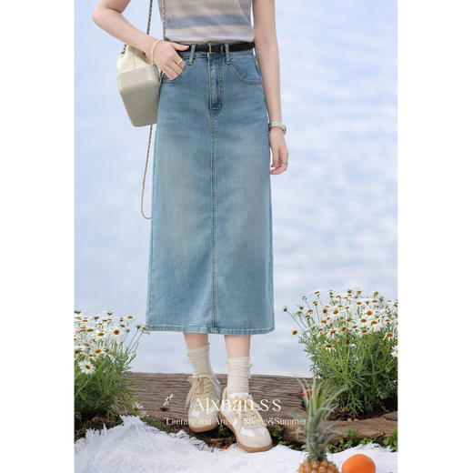 鹿向南「澎湃蓝潮」高腰牛仔半身裙女新款夏季薄款复古长裙子 商品图1