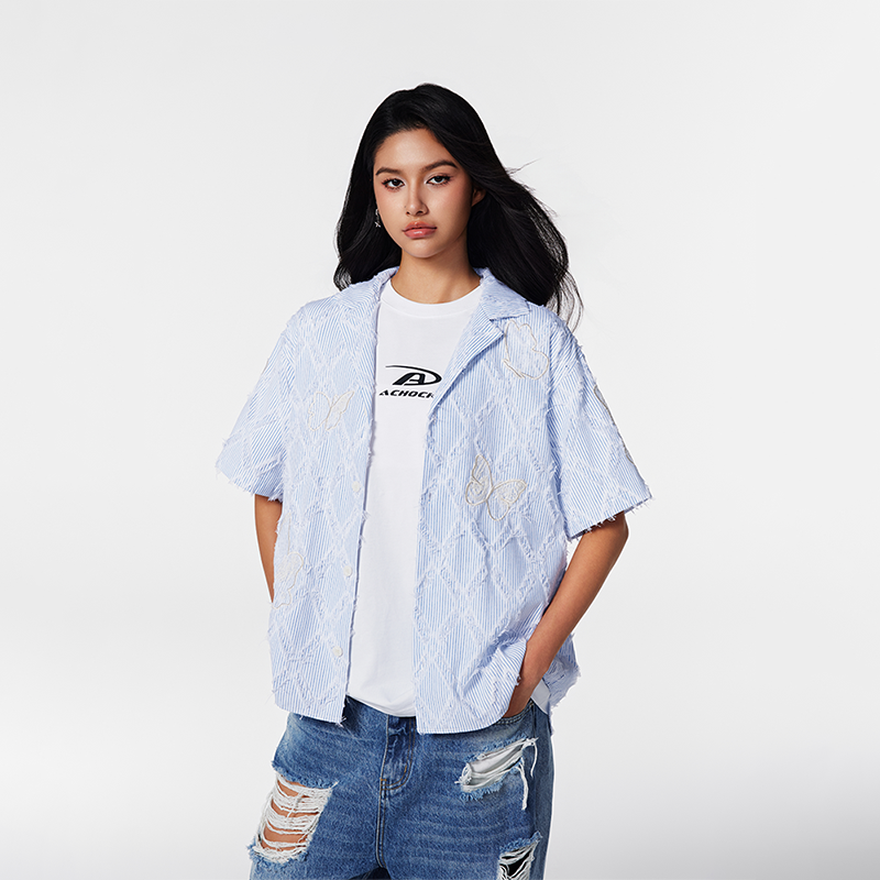 【Achock官方店】国潮条纹衬衫蝴蝶蕾丝刺绣流苏短袖翻领情侣衬衫