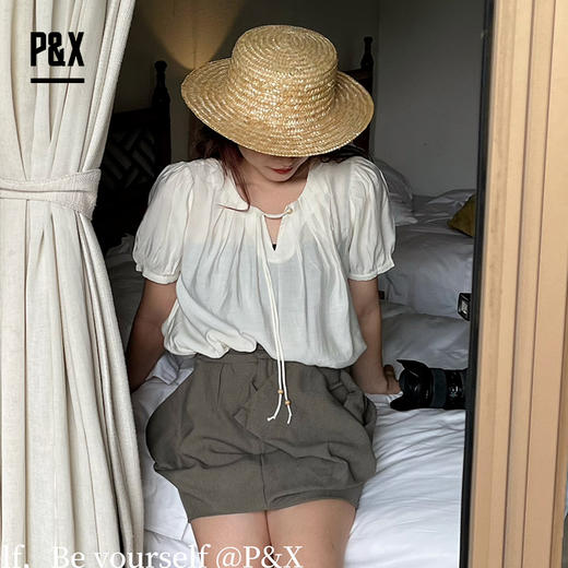 P&X设计师女装夏季韩版百搭时尚短款上衣衬衫 824228169 杏色 商品图2