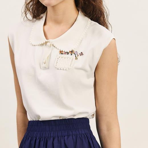 谜底套头针织衫无袖女2024年夏季新品复古优雅翻领上衣242MZ0878 商品图3