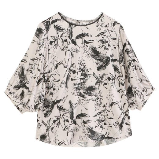 玳莎蝙蝠袖真丝小衫女2024夏季新款复古水墨印花花边圆领上衣衬衫  EB31202 商品图4