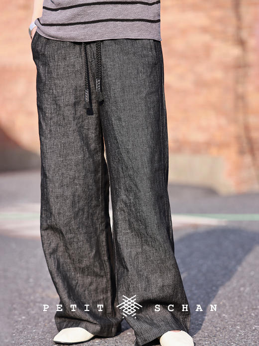 PETIT SCHAN小闪 CLO#497 black humor 黑色幽默 四季款土耳其进口棉麻牛仔文艺抽绳直筒裤 商品图2