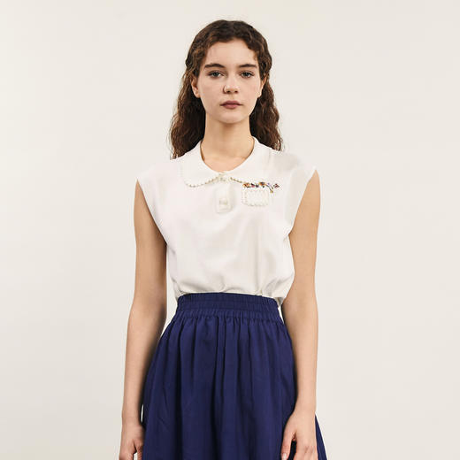 谜底套头针织衫无袖女2024年夏季新品复古优雅翻领上衣242MZ0878 商品图0