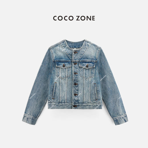 COCO ZONE100棉复古做旧牛仔外套百搭短款排扣长袖上衣24C10370 商品图0