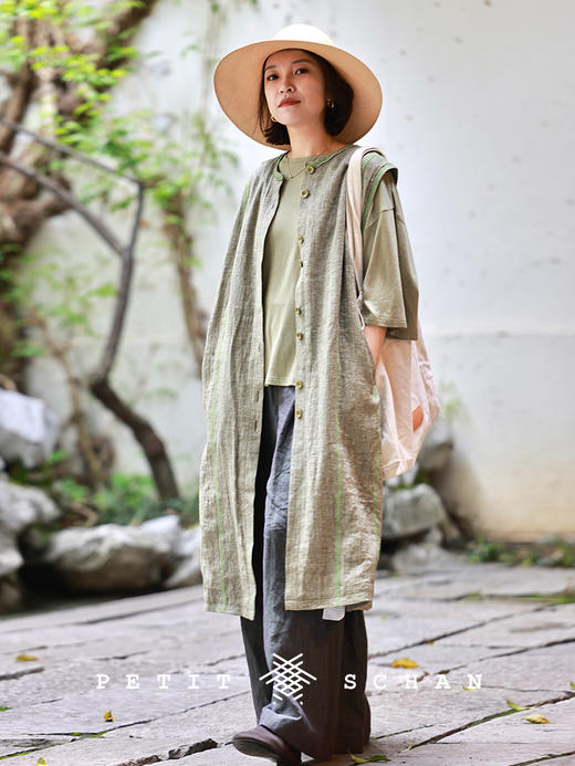 PETIT SCHAN小闪 CLO#494 water hyacinth 池塘里的布袋莲 色织亚麻棉明线无袖长款马甲 商品图0