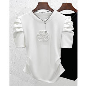 全新升级【铂金会员109/天猫139/差价30】(92050)洛诗琳设计感洋气上衣2025夏季新款重工钉珠立体山茶花短袖T恤女