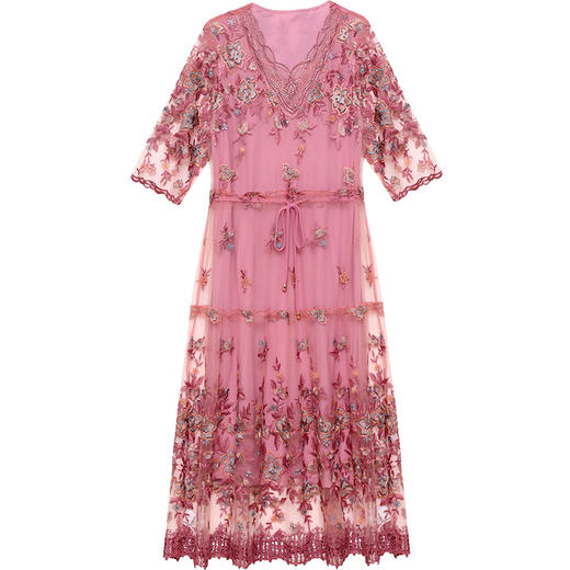 2024年夏季时尚连衣裙女洋气刺锈花裙V领短袖网纱裙系带收腰裙QYM- LRX-GM2409-Y 商品图4