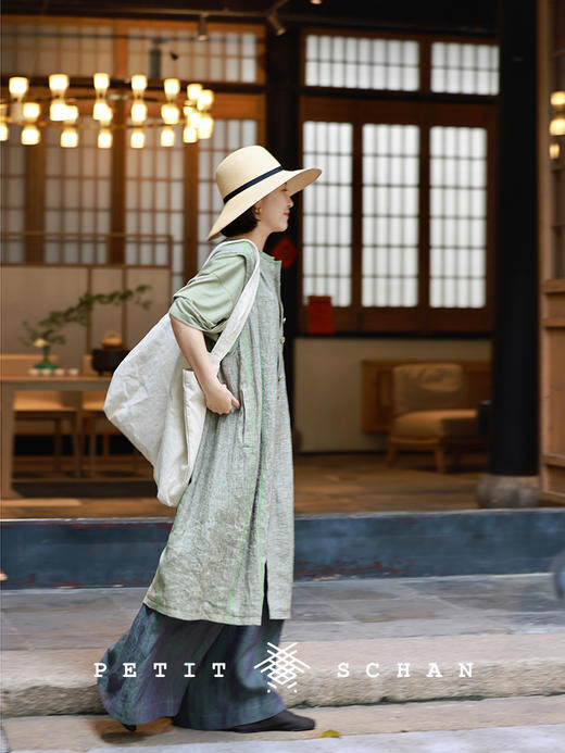 PETIT SCHAN小闪 CLO#494 water hyacinth 池塘里的布袋莲 色织亚麻棉明线无袖长款马甲 商品图4