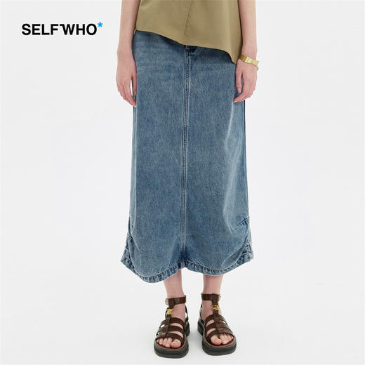 SELFWHO牛仔蓝纯棉半身裙2024夏新款宽松百搭高级气质a字七分裙子 商品图0