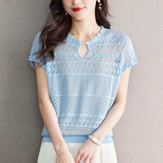 冰丝V领短袖t恤，洋气减龄上衣蕾丝薄款针织衫CC-16-6899 商品图1