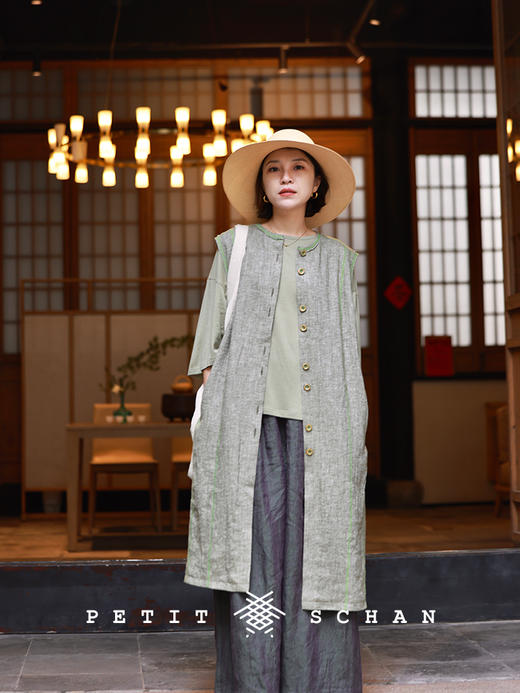 PETIT SCHAN小闪 CLO#494 water hyacinth 池塘里的布袋莲 色织亚麻棉明线无袖长款马甲 商品图2