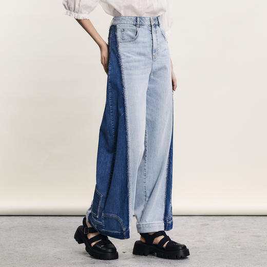 谜底牛仔阔腿裤女2024年夏季新品复古风设计感拼色长裤242MK0589 商品图1