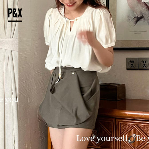 P&X设计师女装夏季显瘦时尚设计感半身裤裙 824207673 灰绿 商品图1