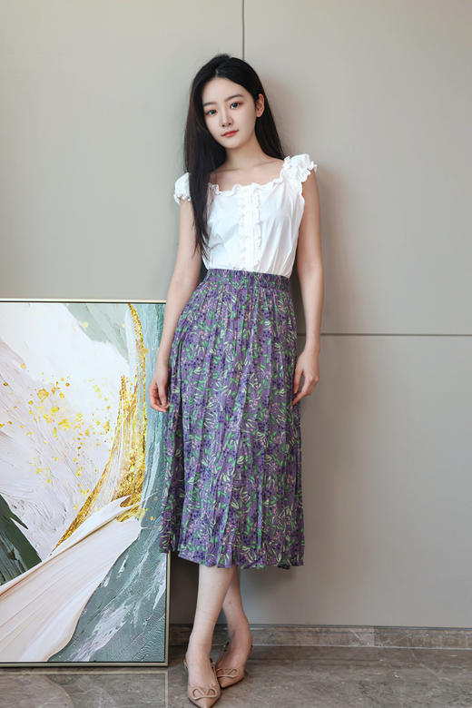 紫调薰衣草浪漫褶皱半裙 商品图0