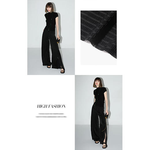 COCOBELLA老钱风压褶紧身贝壳袖T恤精致黑色小立领上衣TS7001 商品图2