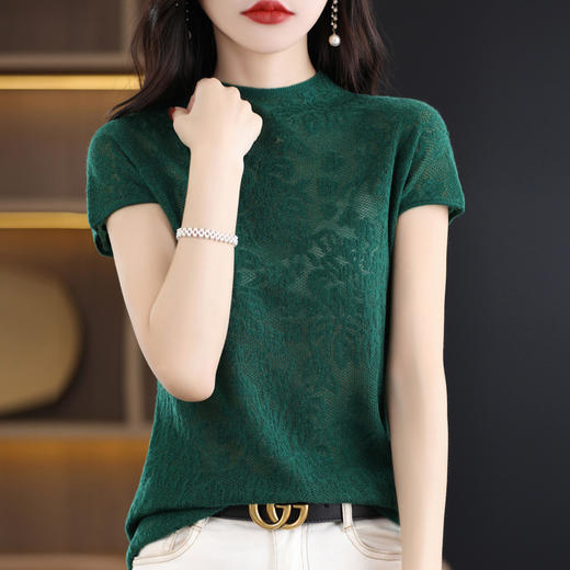 雀说 夏季蕾丝羊毛精纺针织体恤短袖女款镂空宽松打底上衣4ZF-2997 商品图8