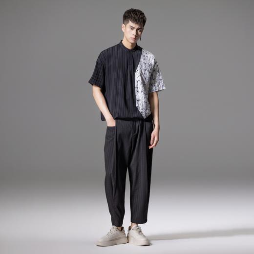 PINLI品立2024夏季新款中国风拼接短袖T恤国潮印花竹叶立领男上衣B242111077 商品图5