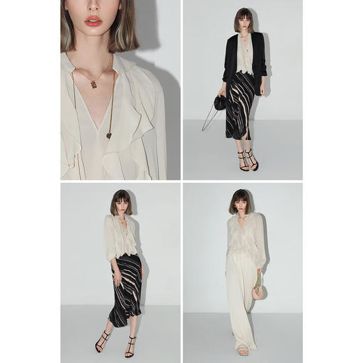 OCOBELLA名媛风立裁荷叶领衬衫通勤OL垂坠V领知性上衣SR3039 商品图2